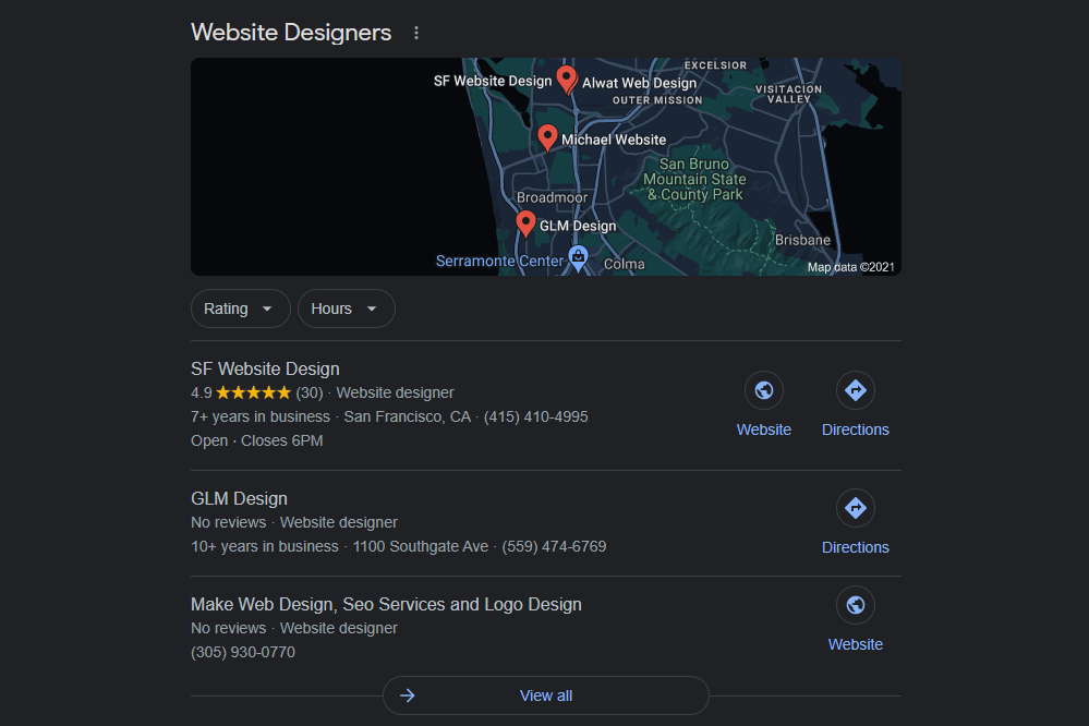 Google Search result showing business listings