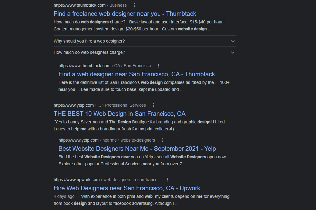 Google Search results showing freelance directory and business review websites